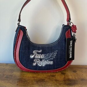 New True Religion Blue Denim Red Hobo Shoulder Handbag Wings Studded Western